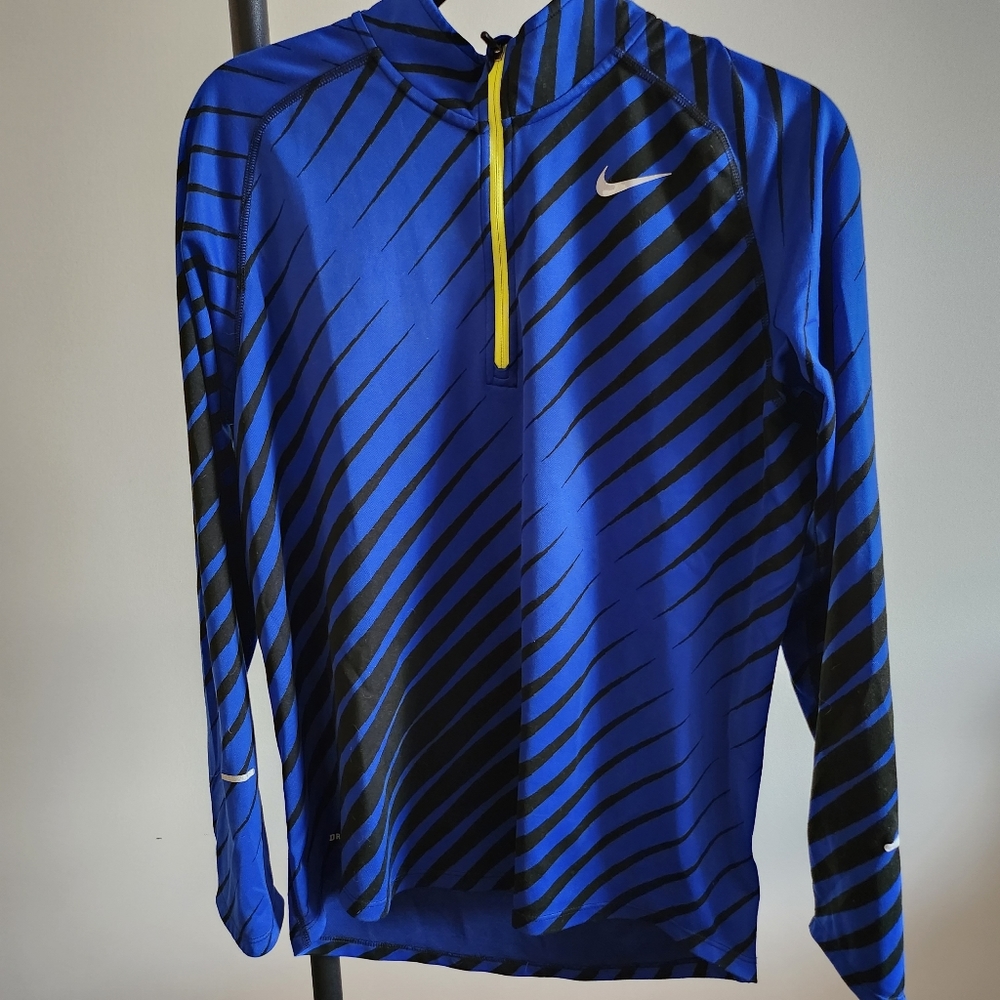 Nike Blue and Black Long Sleeve Half-Zip Performance Top with Yellow Zip